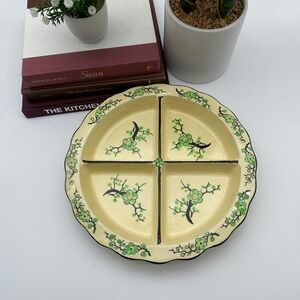 Vintage Moriyama Hand Painted Japan Green Floral Divided Relish Dish 11"